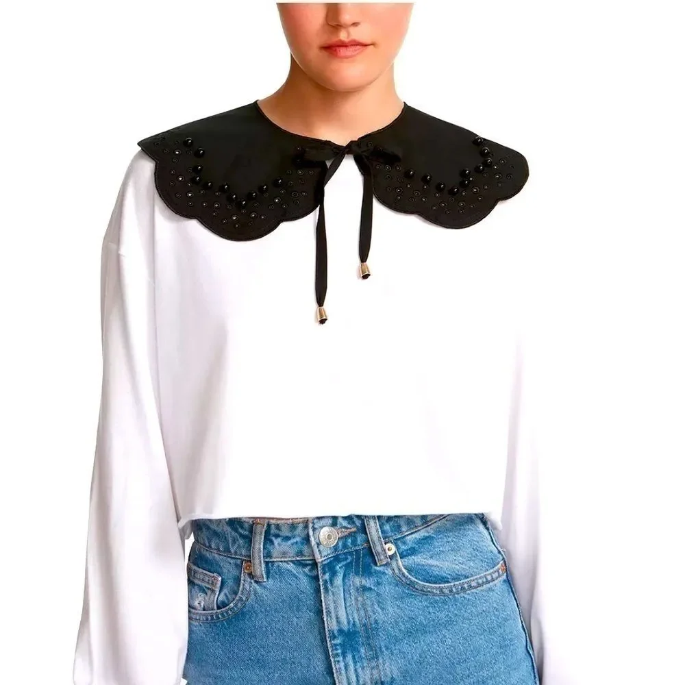Steve Madden Imitation-Pearl-Trim Eyelet Cotton Collar - black, shirt,top